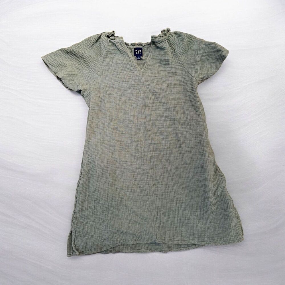 GAP Women's Solid Green Woven Cotton Shift Dress V-Neck Smocked Short M